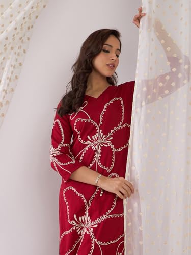 Image of INDO ERA Women's Straight Viscose Rayon Floral Embroidered Kurta & Palazzo Set (IESTR9981)