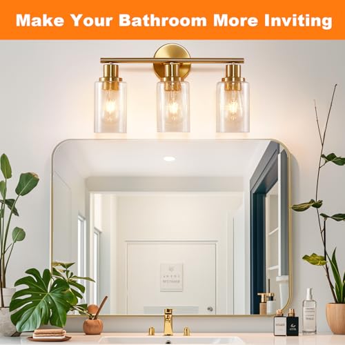 Image of DLLT 3-Light Bathroom Light Fixtures: Gold Modern Vanity Wall Lights with E26 Bulbs - Bubbled Glass Shade Bathroom Wall Lamp for Mirror Kitchen Living Room Hallway Cabinet Porch