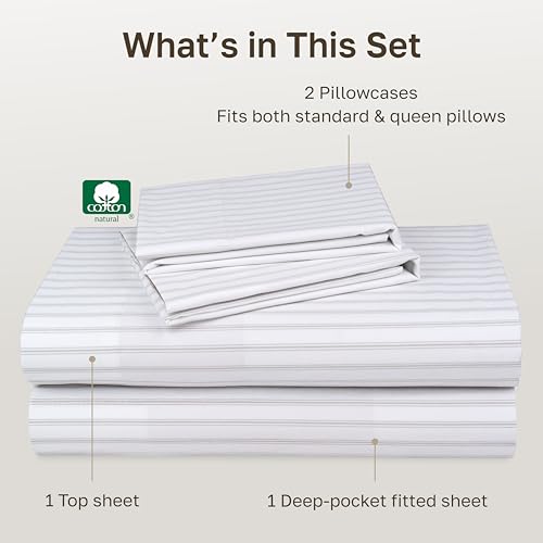 Image of CALIFORNIA DESIGN DEN 5-Star Hotel 600 Thread Count 100% Cotton, Soft & Smooth Queen Sheet Set with Deep Pockets, Quality Beats Egyptian Cotton Claims (Ticking Stripe Grey)