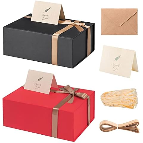 LIFELUM 2 Pack Black&Red Gift Box 13 x 10 x 5 inch Large Black Gift Box with Magnetic Lids for Bithday Gifts Box Contains Card, Ribbon, Shredded Paper Filler Cover
