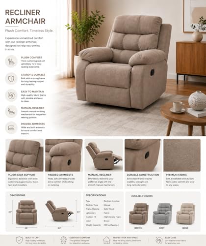 Image of Recliner Armchair for Living Room | Comfortable Upholstered Single Seater Sofa Chair with Ergonomic Backrest, Plush Armrests, Spacious Seat and Solid Wooden Frame