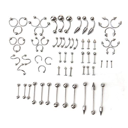 Essencedelight Nose Rings 65pcs Nose Screw Rings Studs Mixed Stainless Steel Body Piercing Tongue Lip Eyebrow Nose Stud Belly Ring