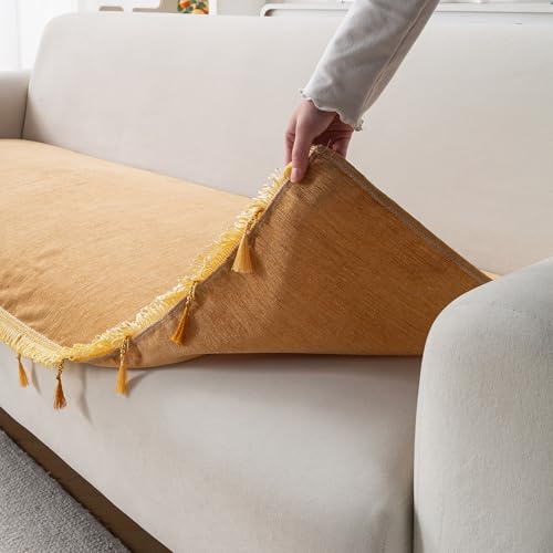 Image of HOKIPO 'Serenity Tassel' Chenille 2 Seater Sofa Cover with Tassel - Sunlit Amber (IN-891-GLD)