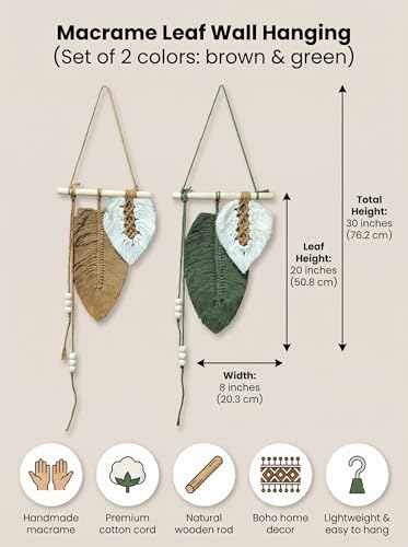 Image of JH Gallery Handmade Macrame Leaf Wall Hanging for Home Decor (Brown, Green, White) - Boho Cotton Leaf Tapestry, Macrame Wall Decor for Bedroom, Living Room & Balcony Decor.(Pack of 2)