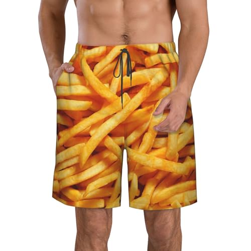French Fries Men's Beach Shorts Quick Dry Swim Trunks Drawstring Elastic Waist Board Shorts with Pocket