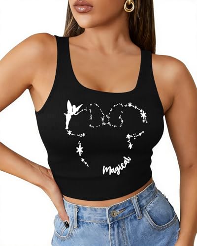 Magic Kingdom Tank Tops for Women Magic Princess Crop Top Ribbed U Neck Sleeveless T Shirts Family Vacation Casual Tee Tops