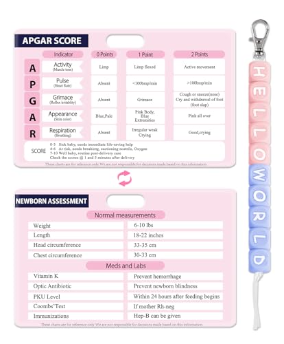 Plifal Cervical Dilation Beads with APGAR Score Newborn Assessment Reference Card - Labor Delivery L&D Maternity LDRP Nurse Midwife Hello World Pink Blue 10cm Badge Buddy with Flash Card Cheat Sheet
