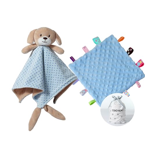 Image of CREVENT Soft Plush Animal Face Security Blankets for Boys and Girls, Great Gifts for Birthday Baby Shower (Blue Dog + Tag)