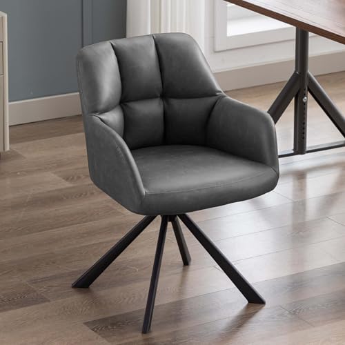 Image of Finch Fox Battle Modern 360 Swivel Mid-Back Arm Faux-Leather Study Upholstered Comfortable Metal Base Computer Office Desk Chair in Dark Grey Color