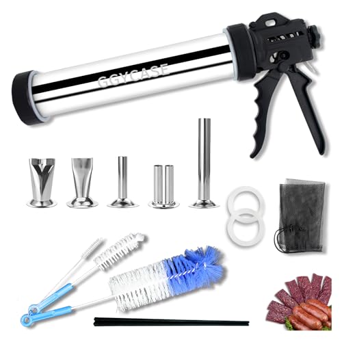 GGYCASE 2LB Large Capacity Stainless Steel Jerky Gun Kits, Sausage Stuffer Machine, Meat Gun, Beef Jerky Maker with 5 Stainless Nozzles 3 Brushes…