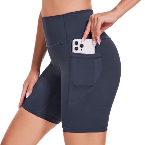 iniber Women's Biker Shorts with Pockets High Waist Workout Yoga Tie Dye Soft Spandex Athletic Bicycle Leggings Shorts for Running Dark Blue