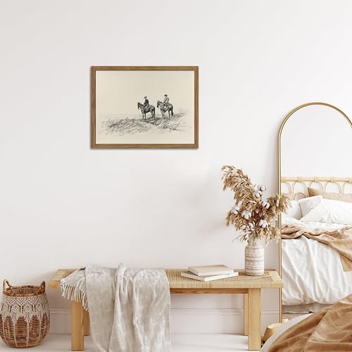Image of Framed Western Wall Art, Cowboys on Horses Sketch Picture Print, Western Wall Decor, Vintage Country Farmhouse Western Cowboys Canvas for Living Room Bedroom Home 16x24 inch