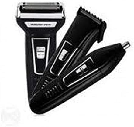 Close-up of the Kemei KM-6558 shaver with its three interchangeable heads: a foil shaver head, a precision trimmer head, and a nose/ear hair trimmer head.