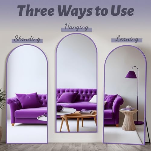 Full Length Mirror, 58"x18" Floor Mirror, Arch Floor Standing Mirrors Freestanding Arch Full Body Mirrors with Stand for Bedroom, Hanging Mounted for Living Room Cloakroom, Purple