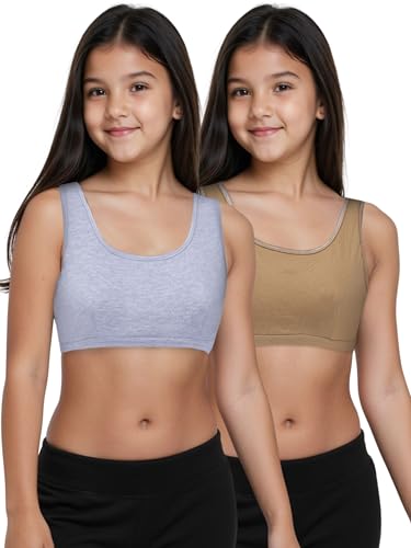 Image of DChica Essentials Sports Bra for Girls (Pack of 2) Cotton Non-Padded Full Coverage Beginners Non-Wired T-Shirt Gym Yoga Workout Bra with Regular Broad Strap, Training Bra for Teenagers