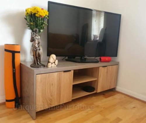 Grey TV Stand Large Media Cabinet Rustic Concrete Effect Vintage Retro Style Small Wood Shelf Unit Marble Effect PB Wooden Cupboard Doors Furniture