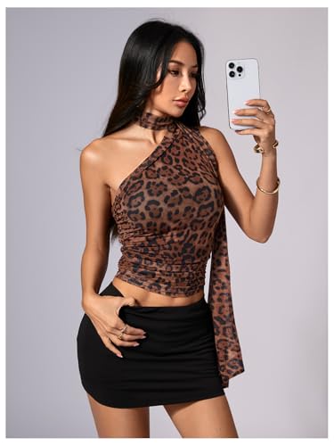 Image of RoseSeek Women's Y2K Leopard Polka Dots Halter Asymmetrical Neck Crop Tops