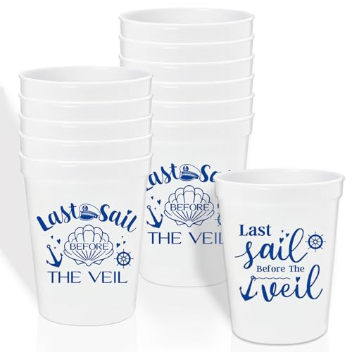 12 Pcs Last Sail Before The Veil Plastic Cups 16oz Nautical Bachelorette Bridal Shower Party Cup Nautical Sailor Cruise Voyage Bachelorette Bridal Shower Engagement Party Cups Supplies White Blue