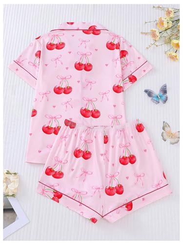 WDIRARA Women's 2 Piece Bow Cherry Print Pajama Set Short Sleeve Button Down Shorts Sleepwear Pjs2