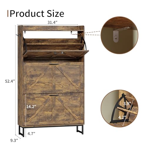 Image of Shoe Cabinet with 3 Flip Drawers, Freestanding Hidden Shoe Storage Organizer for Entryway, Narrow Slim Shoe Rack Cabinet with Open Storage & Hooks for Front Door Entrance, Living Room, Hallway, Brown