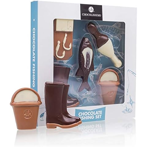 Fischerset aus Schokolade - Set aus Vollmilch-, weißer und Zartbitterschokolade | Anglerset | Geschenkidee | Hobby | Geburtstagsgeschenk |Vatertagsgeschenk | Schokolade Cover