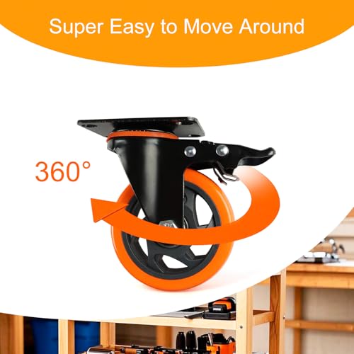 4 Inch Caster Wheels 4 Pack - Heavy Duty Swivel Casters with Brakes, 360° Silent Roller Wheels for Furniture, Cart, Dolly, Cabinet, Toolbox, PU Rubber Wheels By MangoPark