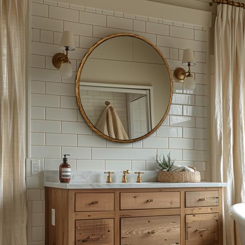 Image of ANDY STAR 36 Inch Hand-Forged Round Gold Mirrors, Hammered Bathroom Round Wall Mirror for Over Sink, Solid Steel Metal Frame Vanity Circle Mirror for Antique, Vintage, Farmhouse, Rustic
