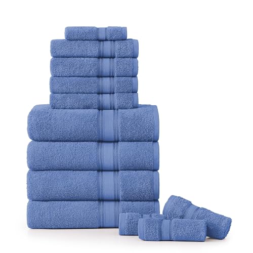 LANE LINEN Premium Bath Towel Set of 12 – 100% Cotton Towels for Bathroom, 4 Bath, 4 Hand Towels & 4 Washcloths, Zero Twist, Ultra Soft, Quick-Dry, Ideal for Spa, Hotel & Everyday Use – Cerulean Blue