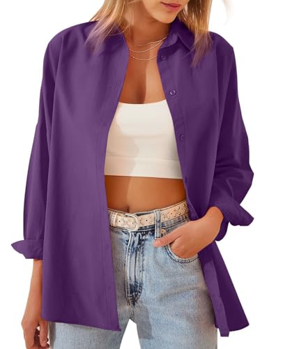MINTLIMIT Womens Blouses Casual Long Sleeve Button Down Shirt Oversized Cotton Work Office Blouses Top 2024, Purple