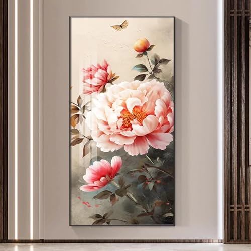 Art mural pivoine style chinois pour habiller un grand mur vide de salon 85x170