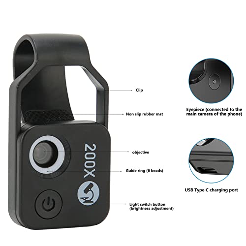 Image of 200x Clip-On Microscope Magnifier Lens for Mobile Phone, HD Macro Camera Lens with LED Light for Outdoor Photography - Black with CPL Filter
