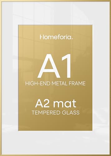 Image of Homeforia A1 Gold Poster Frame, High-End Metal, A2 Mat, Glass | High End Aluminum, Tempered Glass, Acid-Free A2 Removable Mat, A1 Edge-to-Edge Display, Wall Kit, Set Of 1