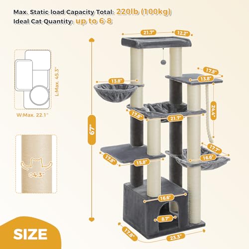 Image of 67 inch Heavy Duty Cat Tree for Indoor Cats, XXL Cat Tower with Thick Post | XXL Cat Tower with 13 Thick Scratching Posts (φ4.3 inch), Large Perch, Spacious Condo & Big Hammock - for Maine Coon up to 20 lbs