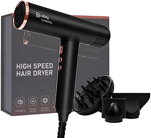 Nicebay Ionic Hair Dryer, Professional Blow Dryer with 3 Attachments, 110000RPM High-Speed Brushless Motor for Fast Drying, Auto-Cleaning, Lightweight, Low Noise, 1600W Hairdryer with Diffuser
