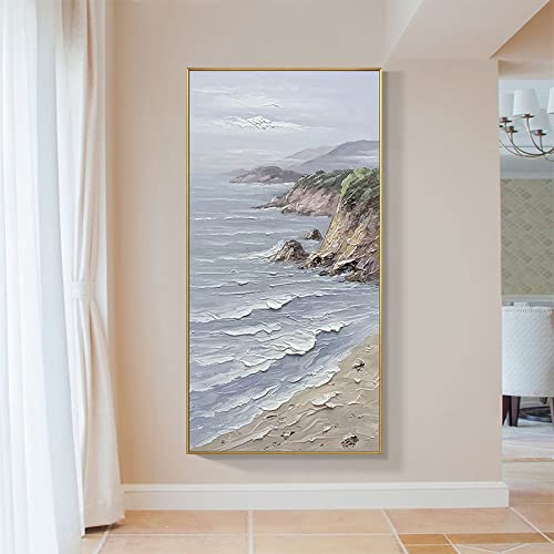 Peinture à l'huile pour salon moderne grand paysage vertical bleu et vert