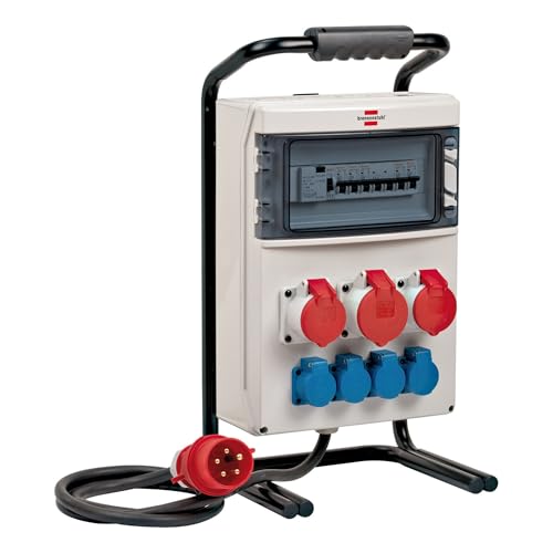 Distribuidor de corriente portátil IP44 para uso en obra y pemanente en exteriores con disyuntor FI, enchufes CEE 1x32A + 2x16A (2 m)