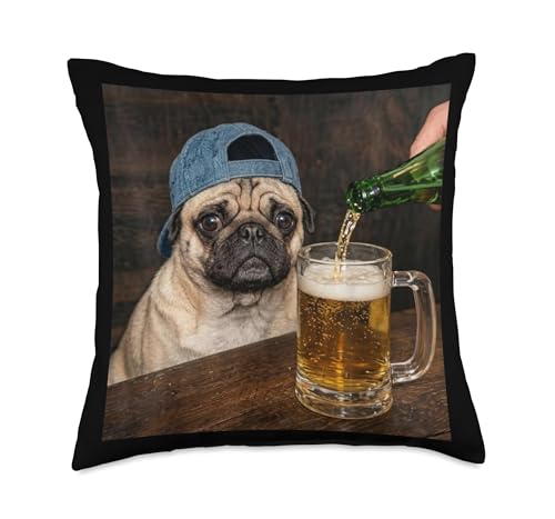Pug Drinking Beer Funny Pug Dog Meme Throw Pillow