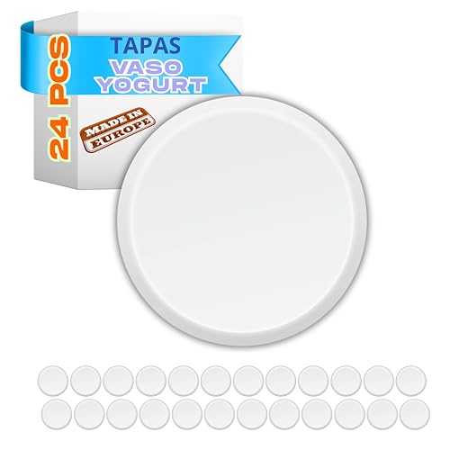 XILMARK Tapas Yogurt Reutilizables, Compatibles con Marcas Comerciales, Vasos de Cristal para Yogurtera diámetro 56 mm, Tapas de Plástico para Botes Yogurtera, Vasos para Postres. Pack 24 unidades