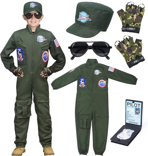 Tacobear Kampfjet Pilot Kostüm Kinder Jungen Flieger Kostüm mit Kappe Handschuhe Sonnenbrille Piloten Overall Uniform Halloween Fasching Karneval Kostüm Cosplay (130, 6-7 Jahre)