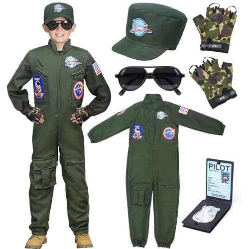 Tacobear Disfraz Piloto para Niños Mono de Piloto con Gorro Guantes Gafas de Sol Traje Aviador Disfraz Militar Niño Disfraces Carnaval Halloween Cosplay (130, 6-7 Años)