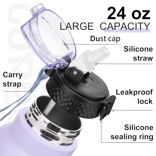 GOPPUS 750ml/26oz Stainless Water Bottle with Straw Double Wall Insulated Bottles with Strap Reusable Vacuum Thermal Flask Leakproof Keep Cold Drinks Bottles with Flip Top Lid for Men Women BPA Free - Image 4