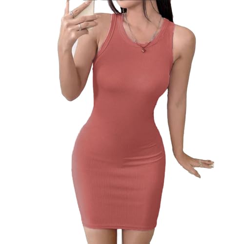 Image of Solid Sleeveless Round Neck Ribbed Western Bodycon Dress For Women