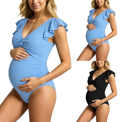 Generisch Traje de baño de maternidad para embarazadas cómodo con volantes, soporte completo para el abdomen, azul celeste, S