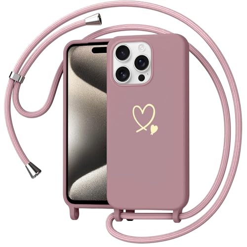 Yichxu Handyband für iPhone 15 Pro Max Hülle mit Band Herz Design Necklace Handyhülle zum Umhängen Kordel Stoßfest Schutzhülle mit Kette Weich TPU Liquid Silikon Case für iPhone 15 Pro Max Rosa