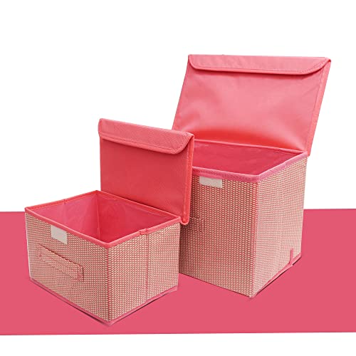 Image of STORE MORE Non Woven Big and Small Storage Box Wardrobe Closet Organizer Foldable Stackable Rectangular Basket /Bins with Lid & Handle (Pink, Set of 2)