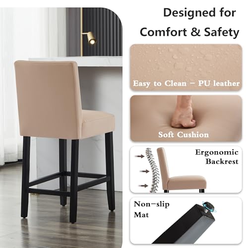 Creek Vista 26'' Faux Leather Bar Stools Set of 4, Modern Upholstered Bar Chairs with Back, Soild Wood Legs Barstools for Kitchen Island, Light Brown