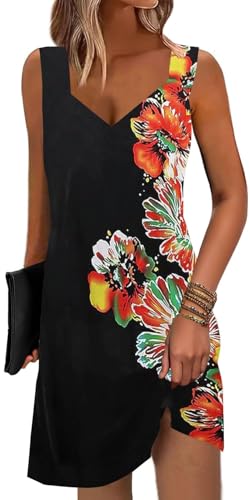 Image of SAUKOLE Summer Dresses for Women Casual Sleeveless Tank Dress Fashion V Neck Flowy Short Sundress