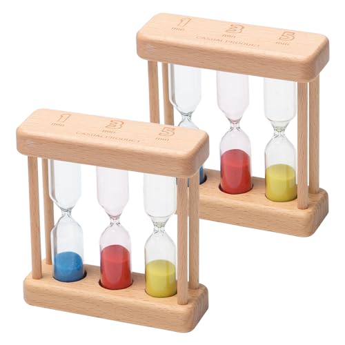 Keboyoe 2 Pcs Minuteur Sablier pour Enfants Minuterie de Sablier en Bois Sabliers Horloge de Sable Sablier à Thé Bois Minuteur Thé Sablier 3 en 1 pour Cuisine, Maison, Bureau Deco 1/3/5 Minutes