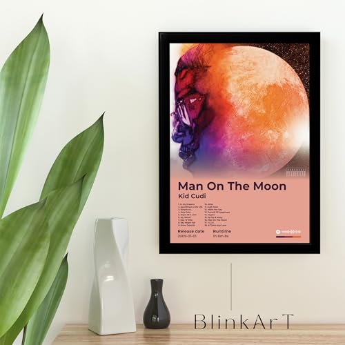 Image of BLINKART KidCudi- Man On The Moon Wall Photo Frames | Wall Art for Bedroom, Living Room, Studio or Office | Album Cover Print with Spotify Song Link QR Code | Gift for Fans - 8x12 In