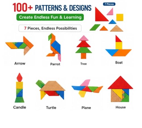 Image of Wooden Tangram Puzzle for Kids, 7 Piece Educational Brain Teaser Puzzle Game, Colourful Wooden IQ Learning Toy, Shape Matching & Pattern Building Travel Game for Boys & Girls Age 3+ Years
